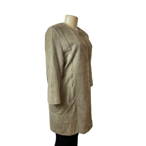 Elie Tahari Women's Brown Suede Leather Tribal Design Long Sleeve Coat Sz M - Picture 2 of 7